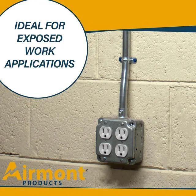 Alt view image 7 of 7 - Outlet Box Kit, Includes 4x4'' Welded Metal Electrical Box, 2 Tamper Resistant 20 Amp Duplex Receptacle Outlets, Duplex Receptacle 4x4'' Cover, 16 Knockouts, Green Pigtail Grounding Wire and Screw