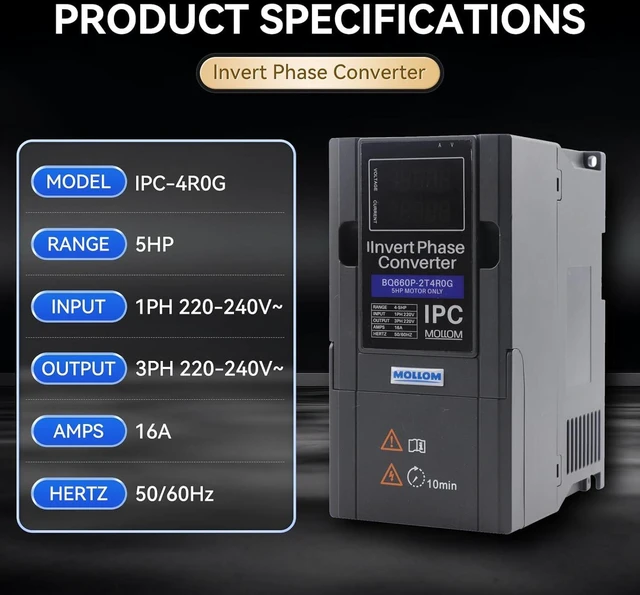 Alt view image 2 of 6 - Mollom 4KW 220V Single to 3 Phase Invert Phase Converter-5HP 16A Input/Output IPC for 3PH Motor