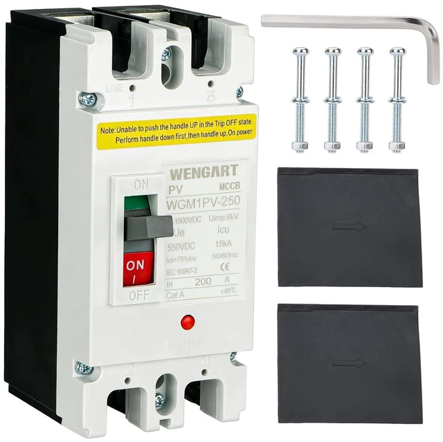 Main image of Wengart Automatic Circuit Breaker DC 200A, MCCB 2P Max 500V, Independent Polarity for Solar Photovoltaic Systems and Lithium Batteries, Professional Protection Boxed, WGM1PV-250