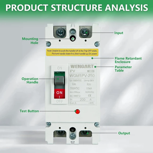 Alt view image 2 of 7 - Wengart Automatic Circuit Breaker DC 200A, MCCB 2P Max 500V, Independent Polarity for Solar Photovoltaic Systems and Lithium Batteries, Professional Protection Boxed, WGM1PV-250