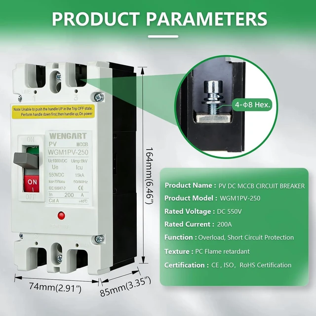Alt view image 3 of 7 - Wengart Automatic Circuit Breaker DC 200A, MCCB 2P Max 500V, Independent Polarity for Solar Photovoltaic Systems and Lithium Batteries, Professional Protection Boxed, WGM1PV-250