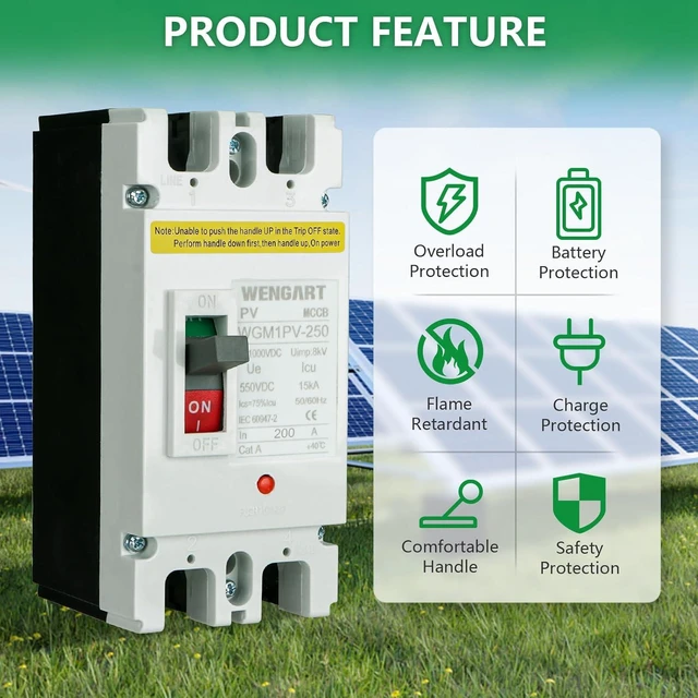 Alt view image 4 of 7 - Wengart Automatic Circuit Breaker DC 200A, MCCB 2P Max 500V, Independent Polarity for Solar Photovoltaic Systems and Lithium Batteries, Professional Protection Boxed, WGM1PV-250