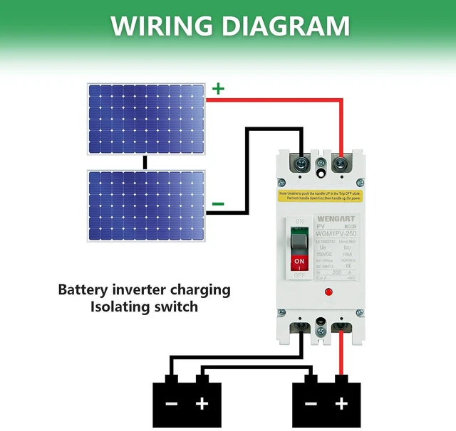 Alt view image 6 of 7 - Wengart Automatic Circuit Breaker DC 200A, MCCB 2P Max 500V, Independent Polarity for Solar Photovoltaic Systems and Lithium Batteries, Professional Protection Boxed, WGM1PV-250