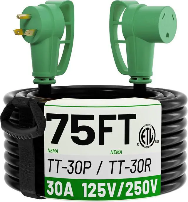 Main image of POWGRN NEMA TT-30P to NEMA TT-30R 75 FT 30 Amp RV Extension Cord Outdoor with Grip Handle, Flexible Heavy Duty 10/3 Gauge STW 3 Prong RV Power Cord Waterproof, 30A 125V 3750W, Black-Green, ETL Listed