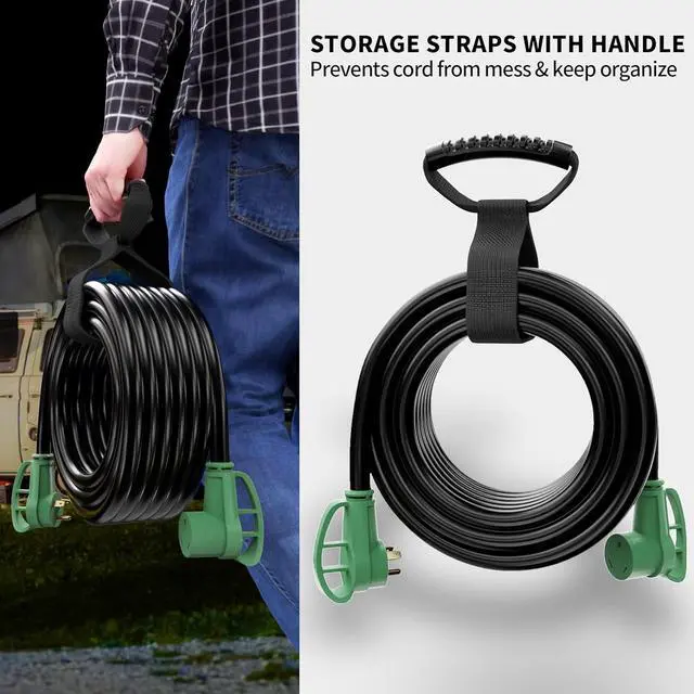 Alt view image 7 of 7 - POWGRN NEMA TT-30P to NEMA TT-30R 75 FT 30 Amp RV Extension Cord Outdoor with Grip Handle, Flexible Heavy Duty 10/3 Gauge STW 3 Prong RV Power Cord Waterproof, 30A 125V 3750W, Black-Green, ETL Listed