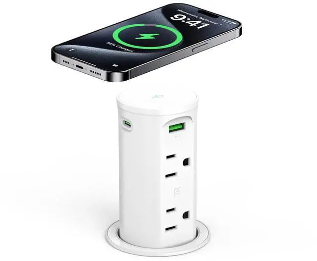 Main image of Pop Up Outlet for Countertop with 15W Wireless Charging Pad,Recessed Power Strip 2.5-Inch Hole,65W GaN USB C,Tamper Resistant Receptacle,4 USB,4 Outlets for Kitchen,Office Desk,ETL Listed (White)