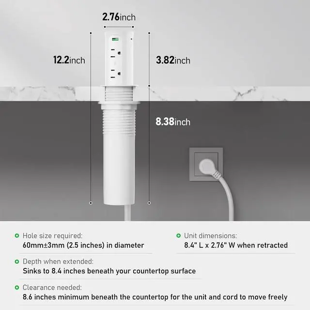 Alt view image 7 of 7 - Pop Up Outlet for Countertop with 15W Wireless Charging Pad,Recessed Power Strip 2.5-Inch Hole,65W GaN USB C,Tamper Resistant Receptacle,4 USB,4 Outlets for Kitchen,Office Desk,ETL Listed (White)
