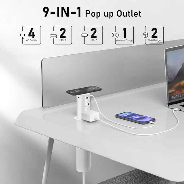Alt view image 2 of 7 - Pop Up Outlet for Countertop with 15W Wireless Charging Pad,Recessed Power Strip 2.5-Inch Hole,65W GaN USB C,Tamper Resistant Receptacle,4 USB,4 Outlets for Kitchen,Office Desk,ETL Listed (White)