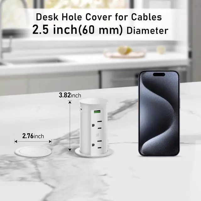 Alt view image 5 of 7 - Pop Up Outlet for Countertop with 15W Wireless Charging Pad,Recessed Power Strip 2.5-Inch Hole,65W GaN USB C,Tamper Resistant Receptacle,4 USB,4 Outlets for Kitchen,Office Desk,ETL Listed (White)