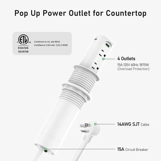 Alt view image 6 of 7 - Pop Up Outlet for Countertop with 15W Wireless Charging Pad,Recessed Power Strip 2.5-Inch Hole,65W GaN USB C,Tamper Resistant Receptacle,4 USB,4 Outlets for Kitchen,Office Desk,ETL Listed (White)
