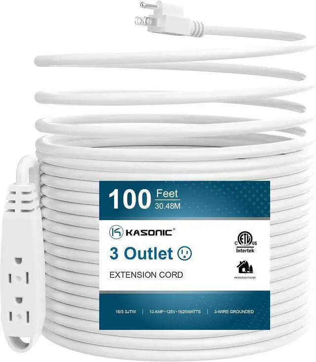 Main image of 100-Feet 3 Outlet Extension Cord, Kasonic UL Listed, 16/3 SJTW 3-Wire Grounded, 10 Amp 125 V 1625 Watts, Multi-Outlet Indoor/Outdoor Use, White