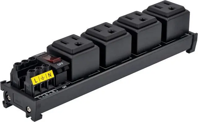 Alt view image 2 of 7 - DIN Rail Mount AC 120V NEMA 5-15R 4 Receptacles Outlet Power Strip Module, with Rocker Switch Thermal Circuit Breaker Overload Protector