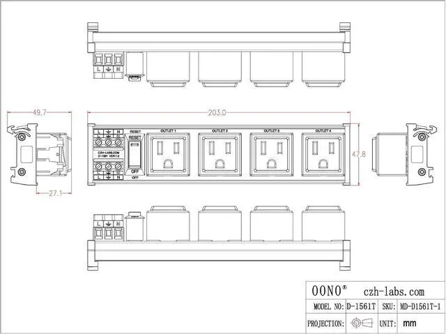Alt view image 5 of 7 - DIN Rail Mount AC 120V NEMA 5-15R 4 Receptacles Outlet Power Strip Module, with Rocker Switch Thermal Circuit Breaker Overload Protector