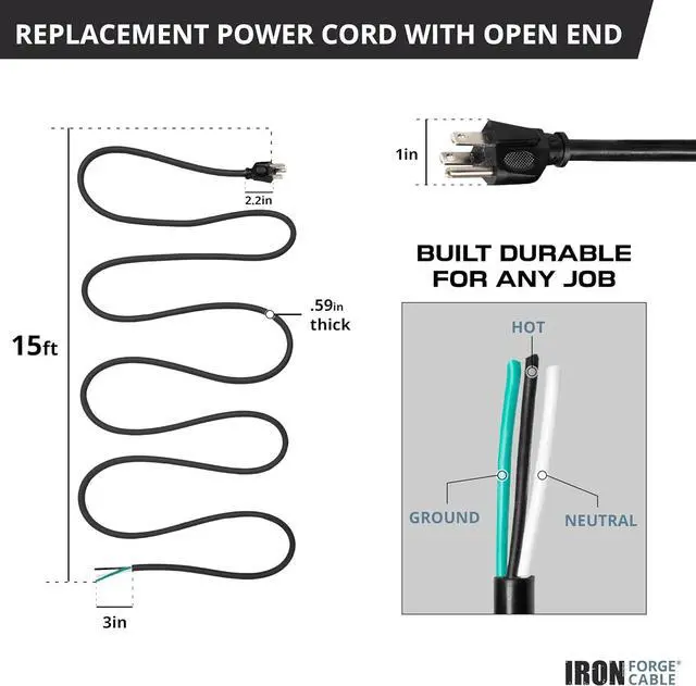Alt view image 4 of 7 - Iron Forge Cable 10 Gauge Power Cord Replacement - 15ft,15 Amp Black Heavy Duty Extension Cord, 10/3 SJT 3 Prong Electric Cable - 3 Wire for Appliances & Power Tools, NEMA 5-15P