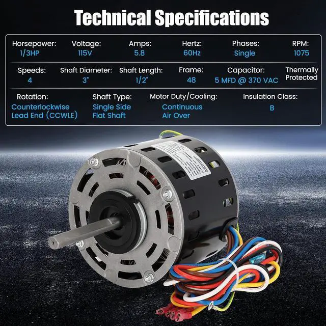 Alt view image 3 of 6 - 5KCP39HGS599S Furnace Blower Motor 1/3 HP 115V 1075 RPM 4-Speed | Replacement for GE & Trane Models MOT9053, MOT09053, MOT18948, MOT04716, MOT04722, MOT13512, MOT16953