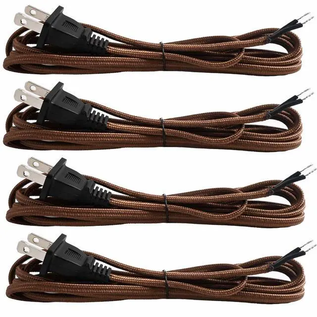 Main image of 8 Feet Rayon Cloth Covered Replacement Lamp Cord with End Plug for Antique Lamp Repair DIY Project, SPT-1 Electric Wire,18 AWG, Stripped Ends,4 Pack,Brown Color