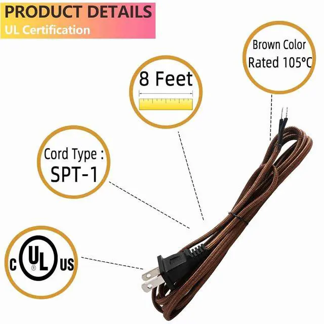 Alt view image 4 of 6 - 8 Feet Rayon Cloth Covered Replacement Lamp Cord with End Plug for Antique Lamp Repair DIY Project, SPT-1 Electric Wire,18 AWG, Stripped Ends,4 Pack,Brown Color