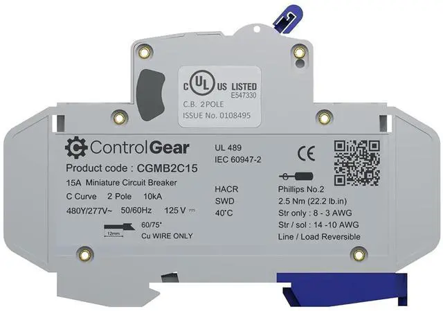 Alt view image 2 of 7 - 2 Pole, 15 Amp, C Trip, UL-489 Listed Miniature Circuit Breaker (MCB), 10kAIC, 480Y/277VAC, 125VDC, Non-Polarized, DIN Style. Brand: CONTROLGEAR