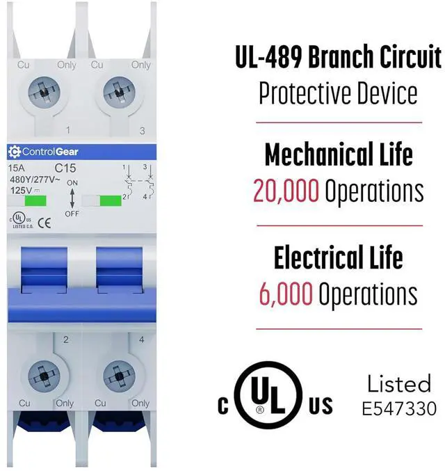 Alt view image 3 of 7 - 2 Pole, 15 Amp, C Trip, UL-489 Listed Miniature Circuit Breaker (MCB), 10kAIC, 480Y/277VAC, 125VDC, Non-Polarized, DIN Style. Brand: CONTROLGEAR