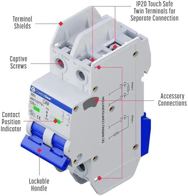 Alt view image 6 of 7 - 2 Pole, 15 Amp, C Trip, UL-489 Listed Miniature Circuit Breaker (MCB), 10kAIC, 480Y/277VAC, 125VDC, Non-Polarized, DIN Style. Brand: CONTROLGEAR