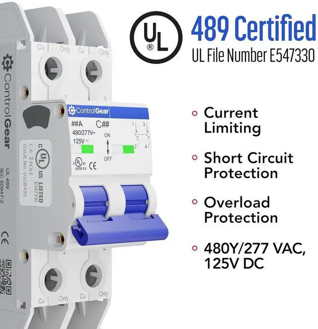 Alt view image 5 of 7 - 2 Pole, 15 Amp, C Trip, UL-489 Listed Miniature Circuit Breaker (MCB), 10kAIC, 480Y/277VAC, 125VDC, Non-Polarized, DIN Style. Brand: CONTROLGEAR