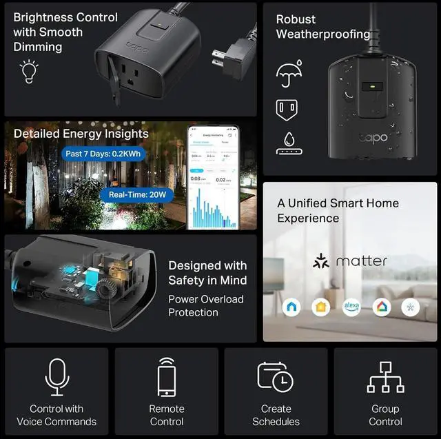 Alt view image 2 of 7 - Tapo Outdoor Smart Dimmer Plug Wi-Fi, IP65 Plug-in Dimmer for Outdoor String Lights, Matter Compatible, Energy Monitoring, Works w/Apple Home, Alexa, Google Assistant, ETL Certified, P430M