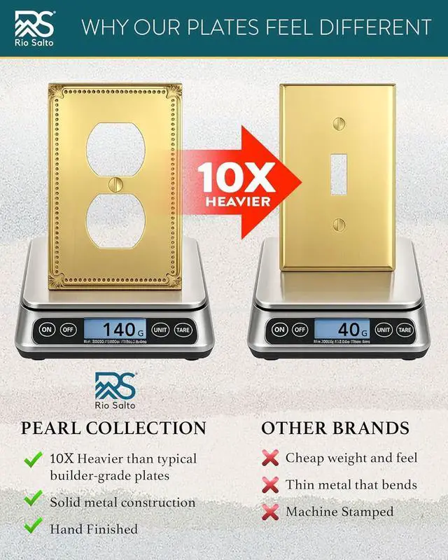 Alt view image 5 of 7 - Rio Salto Rocker Outlet Covers Decorative Light Switch Cover Plate Brushed Brass Gold Metal Rocker Switch Plate Decorator Architectural Wall Plates Pearl Collection Midsize 5.00" X 3.13"