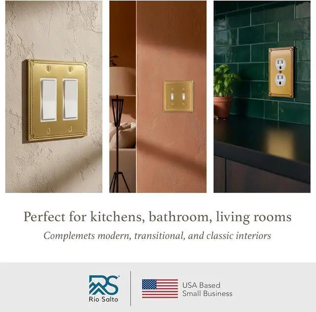 Alt view image 6 of 7 - Rio Salto Rocker Outlet Covers Decorative Light Switch Cover Plate Brushed Brass Gold Metal Rocker Switch Plate Decorator Architectural Wall Plates Pearl Collection Midsize 5.00" X 3.13"