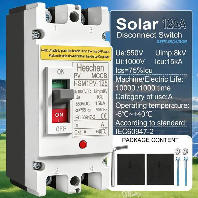 Alt view image 3 of 7 - Heschen DC Molded Case Circuit Breaker MCCB, HSM1PV-125, 2 Poles, DC550V 125A, Photovoltaic Circuit Breaker, for Solar PV System Solar Panels Grid System