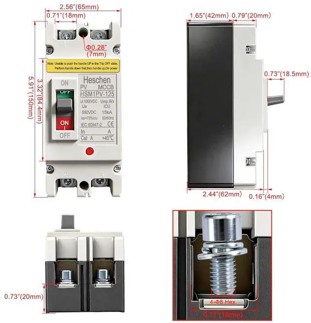 Alt view image 2 of 7 - Heschen DC Molded Case Circuit Breaker MCCB, HSM1PV-125, 2 Poles, DC550V 125A, Photovoltaic Circuit Breaker, for Solar PV System Solar Panels Grid System