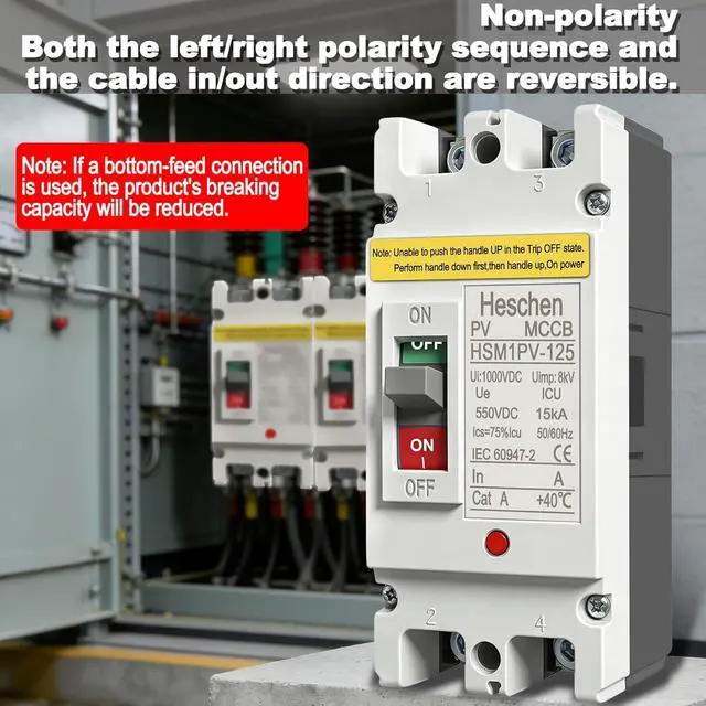 Alt view image 6 of 7 - Heschen DC Molded Case Circuit Breaker MCCB, HSM1PV-125, 2 Poles, DC550V 125A, Photovoltaic Circuit Breaker, for Solar PV System Solar Panels Grid System