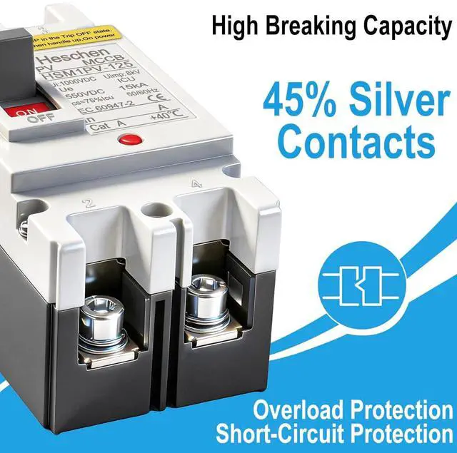 Alt view image 5 of 7 - Heschen DC Molded Case Circuit Breaker MCCB, HSM1PV-125, 2 Poles, DC550V 125A, Photovoltaic Circuit Breaker, for Solar PV System Solar Panels Grid System