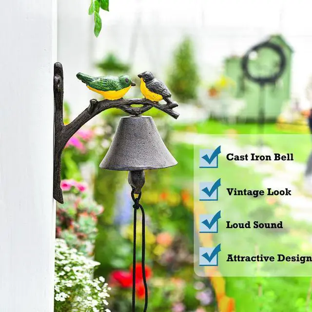 Alt view image 6 of 7 - Sungmor Cast Iron Dinner Bell, Outside Farmhouse Door Bell, Wall Hanging Bell, Antique Lovely Color Birds Decorative Manually Shaking Doorbell, Indoor Outdoor Wall Mounted Ornamental Dinner Bell