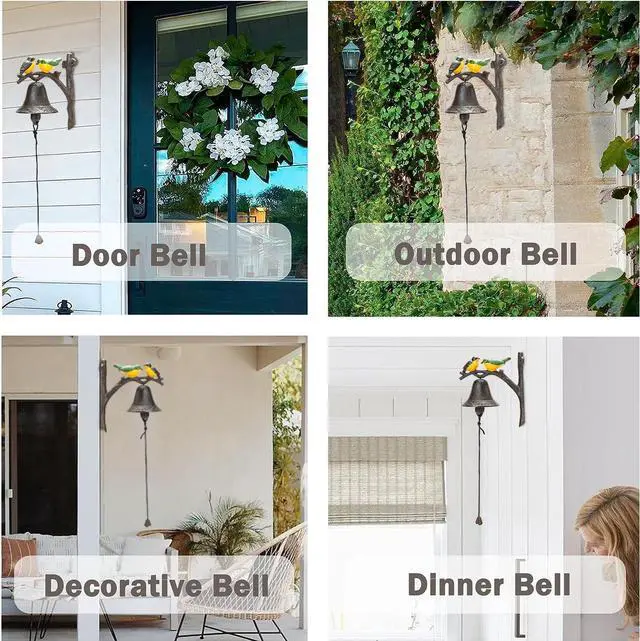 Alt view image 7 of 7 - Sungmor Cast Iron Dinner Bell, Outside Farmhouse Door Bell, Wall Hanging Bell, Antique Lovely Color Birds Decorative Manually Shaking Doorbell, Indoor Outdoor Wall Mounted Ornamental Dinner Bell