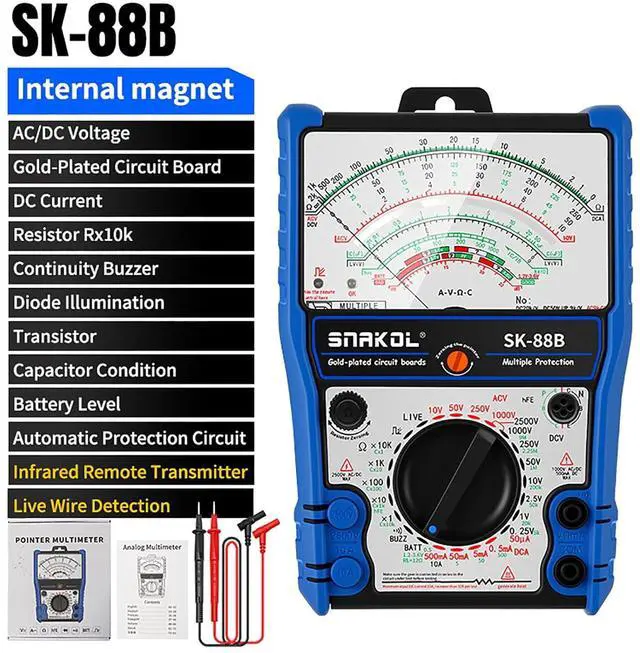 Alt view image 3 of 7 - BAFOVY Analog Multimeter, Handheld Meter Tester with Silicone Protective Cover Stand Magnet, Equipment for AC DC Voltage Current Diode LED Testing Electronics Repair (SK-88B)