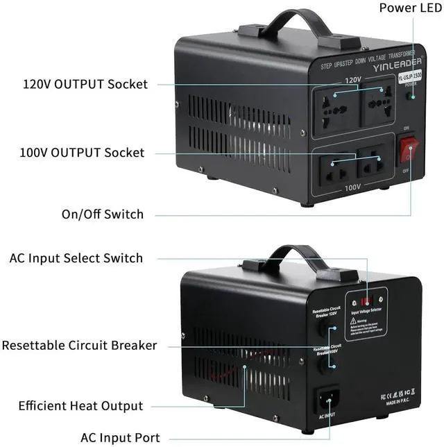 Alt view image 6 of 7 - Yinleader 1500W Japanese Voltage Converter, Step Down 120V to 100V or 100V to 120V, Includes US Power Cord for Medium Power Appliances