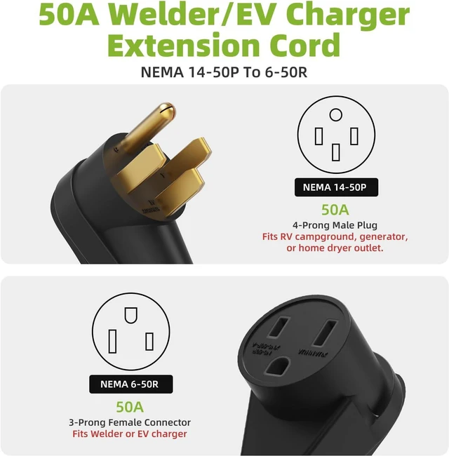 Alt view image 2 of 7 - 10FT 50 Amp Welder Extension Cord, 250V 4 Prong NEMA 14-50P Generator/RV Male Plug to 3 Prong 6-50R Welder Female Power Adapter Cord with Grip Handle, Heavy Duty ETL Listed STW 8/3 AWG Copper Wire