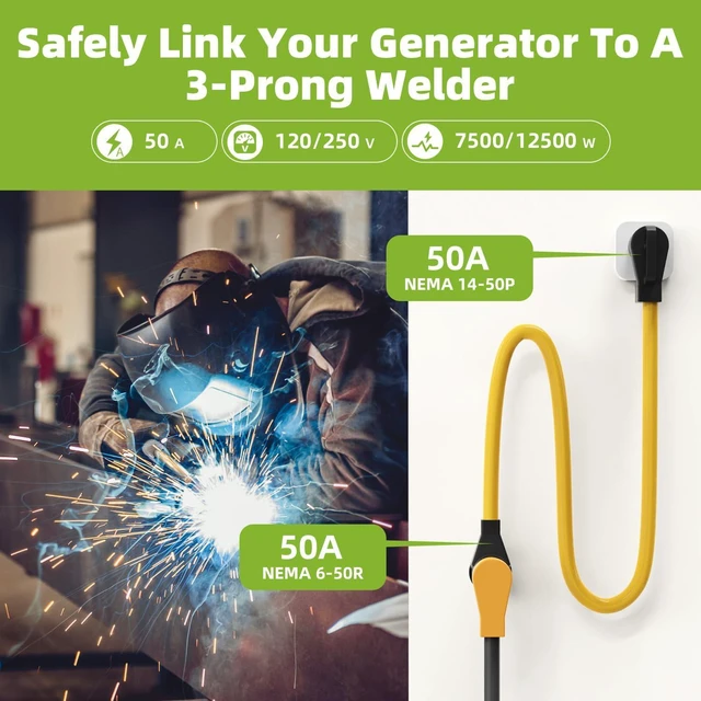 Alt view image 3 of 7 - 10FT 50 Amp Welder Extension Cord, 250V 4 Prong NEMA 14-50P Generator/RV Male Plug to 3 Prong 6-50R Welder Female Power Adapter Cord with Grip Handle, Heavy Duty ETL Listed STW 8/3 AWG Copper Wire