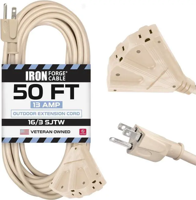 Main image of Iron Forge Cable Beige Outdoor Extension Cord 50 ft - 3 Outlet 16 Gauge 13 Amp Heavy Duty Power Extension Cords - SJTW - Great for Indoor & Outdoor Lights Decoration, Landscaping & Deck