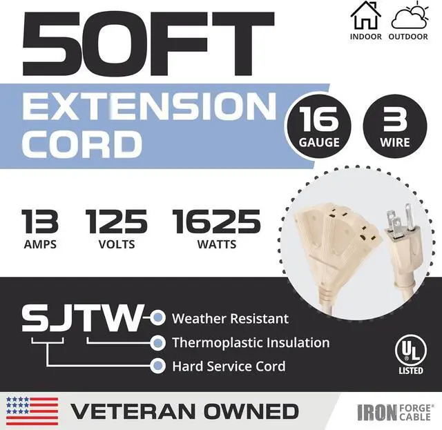 Alt view image 2 of 7 - Iron Forge Cable Beige Outdoor Extension Cord 50 ft - 3 Outlet 16 Gauge 13 Amp Heavy Duty Power Extension Cords - SJTW - Great for Indoor & Outdoor Lights Decoration, Landscaping & Deck