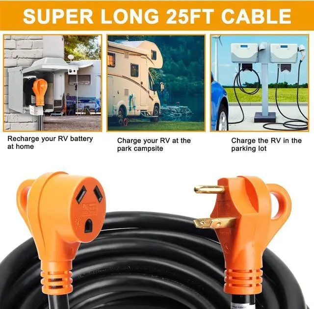 Alt view image 5 of 7 - 30 Amp RV Extension Cord 25 Feet Heavy Duty NEMA TT-30P to TT-30R, 10 Gauge 125 Volt, 3750 Watts, 30A Extention Cord ETL Listed for Camper, Caravan Van Trailer,ETL Listed