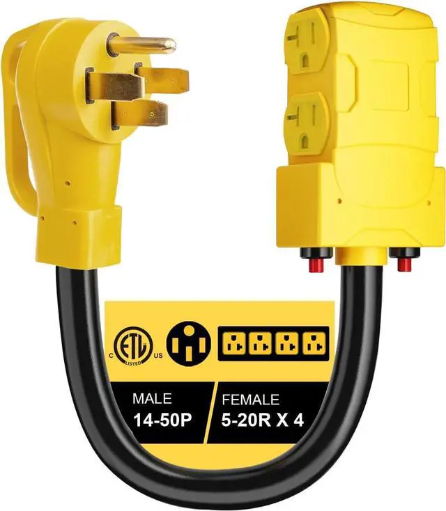 Main image of 50 Amp to 20 Amp 110V RV Distribution Adapter, 240V to 120V, NEMA 14-50P to 4 X 5-20R/15R RV Generator Adapter, 4-Prong Plug to Mutiple Household Outlet w/ 24amp Circuit Breaker, ETL Listed