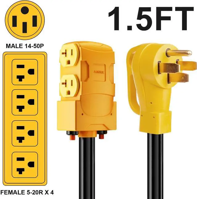 Alt view image 2 of 6 - 50 Amp to 20 Amp 110V RV Distribution Adapter, 240V to 120V, NEMA 14-50P to 4 X 5-20R/15R RV Generator Adapter, 4-Prong Plug to Mutiple Household Outlet w/ 24amp Circuit Breaker, ETL Listed
