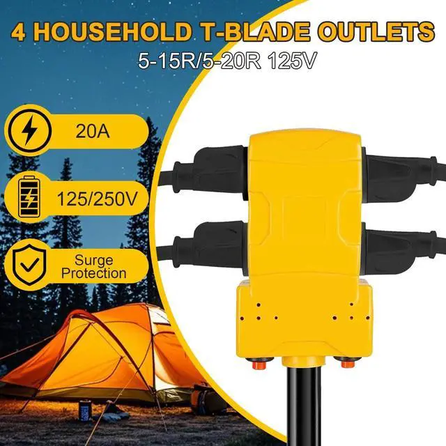Alt view image 4 of 6 - 50 Amp to 20 Amp 110V RV Distribution Adapter, 240V to 120V, NEMA 14-50P to 4 X 5-20R/15R RV Generator Adapter, 4-Prong Plug to Mutiple Household Outlet w/ 24amp Circuit Breaker, ETL Listed