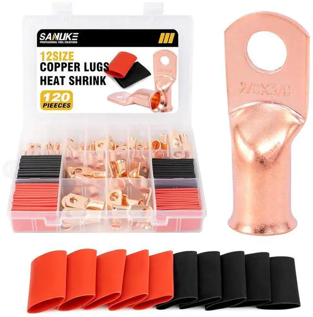 Main image of Sanuke 120Pcs AWG 8 6 4 2 Copper Wire Lugs with Heat Shrink Set, 60Pcs Heavy Duty Battery Cable Closed End Tubular Ring Terminals Connectors with 60Pcs Heat Shrink Tubing