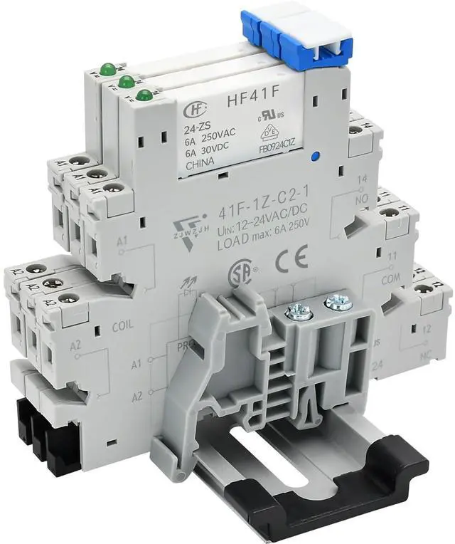 Main image of Miniature Power Relay DC 12V/ 24V HF41F/12-ZS 5 Pin 1NO 1NC 6A SPDT with LED Indicator with Socket Base 41F-1Z-C2 with DIN Rail Slotted UL 3Pcs (24VDC)