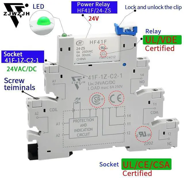 Alt view image 5 of 6 - Miniature Power Relay DC 12V/ 24V HF41F/12-ZS 5 Pin 1NO 1NC 6A SPDT with LED Indicator with Socket Base 41F-1Z-C2 with DIN Rail Slotted UL 3Pcs (24VDC)