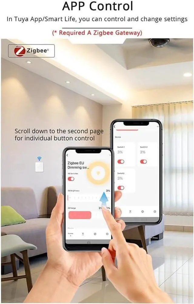 Alt view image 4 of 7 - Tuya Zigbee 3 Gang Dimmer Light Switch Tuya/Smart Life APP Remote Control US EU Standard Switch Percentage Control(A)