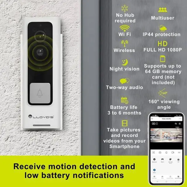 Alt view image 2 of 7 - Lloyd's Advanced Video Doorbell Camera Wireless Outdoor Security with Rechargeable Battery, 2-Way Audio, Full HD 1080P, Supports Night Vision & Cloud/Local Storage, Motion Alerts, No Hub Required