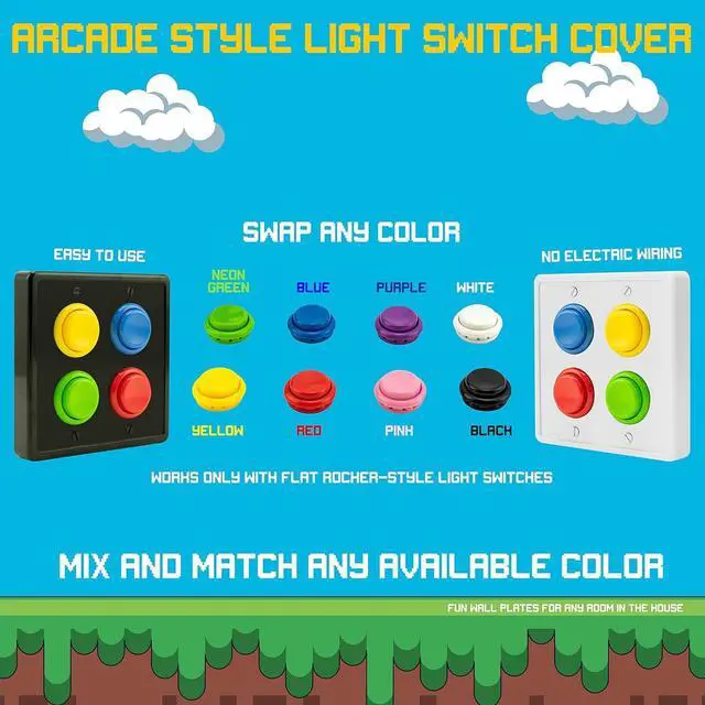 Alt view image 2 of 3 - Arcade Light Switch Plate Cover, (White/Red Red,Blue Blue) Double Switch, 2-Gang Standard Size Rocker Wall Plate, Game Room Decorator, Kid Bedroom Wallplate, Faceplate Replacement